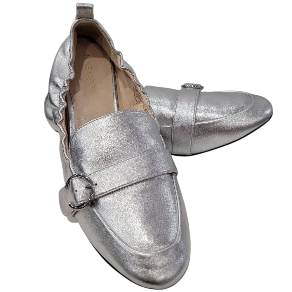 Nine West Silver Beagiver Loafers Metallic Flats Shiny Slip On Shoe Women’s 9M